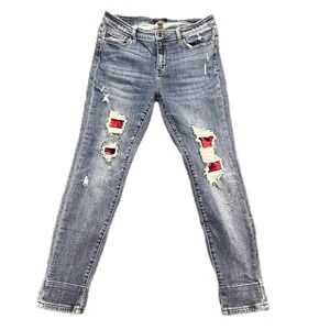 Judy Blue Skinny Jeans Distressed Red Plaid‎ Patches Cuffs Womens Size 13 31